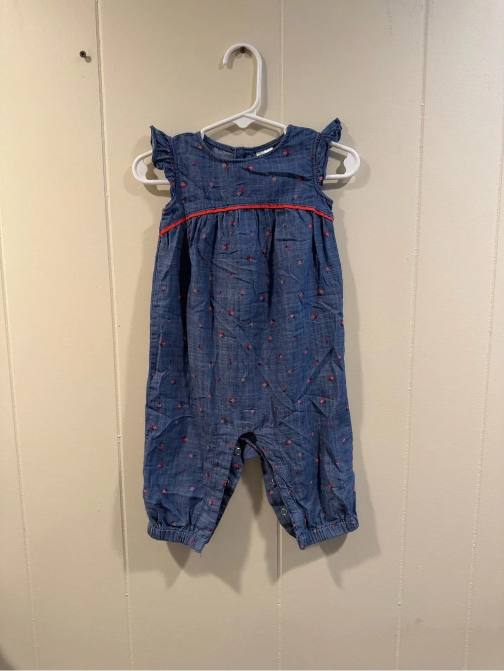 Carter's Blue Chambray Romper with Red Dot Detail